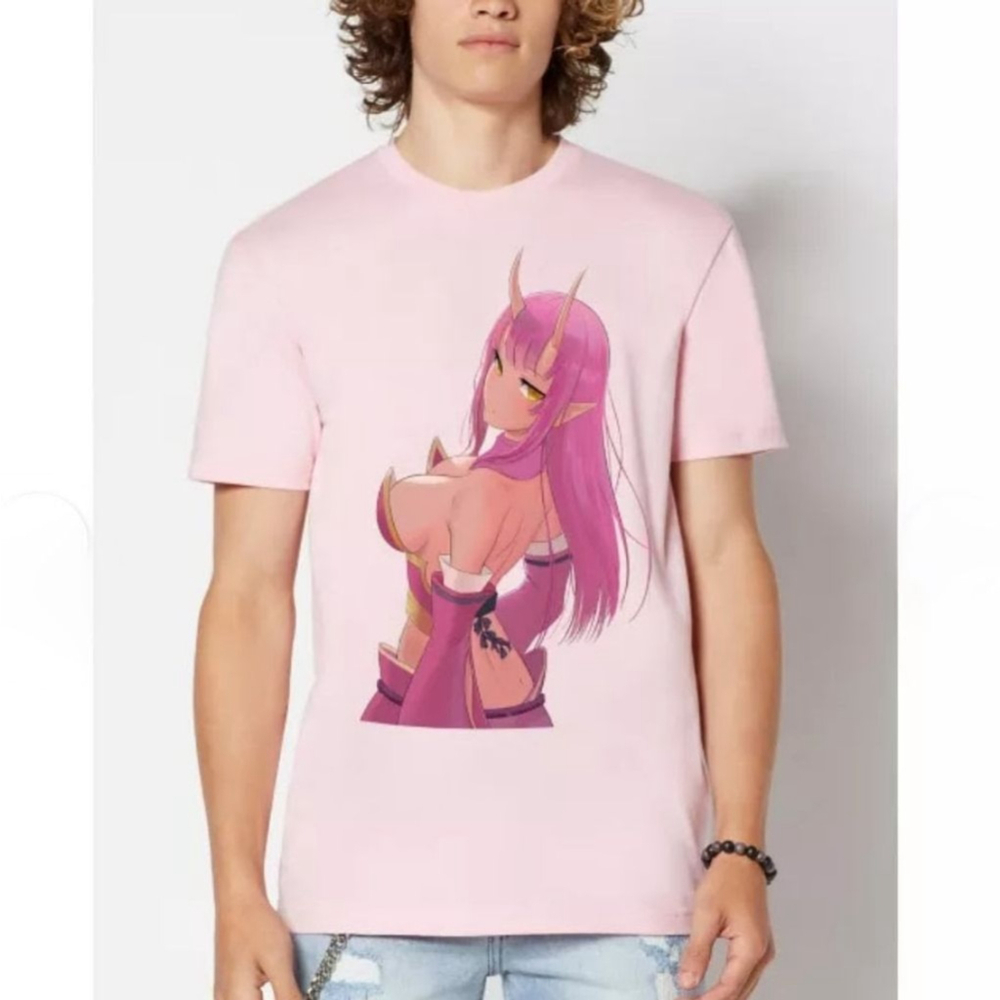 Yurei Pink Hair T Shirt LEWD COMPLEX Pink Short Sleeve Tee with Anime Graphic L